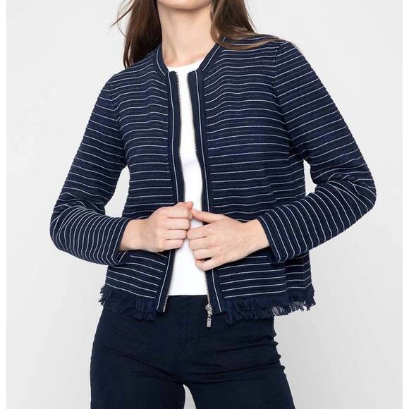 NEW KINROSS textured fringe cardigan in navy with white stripe